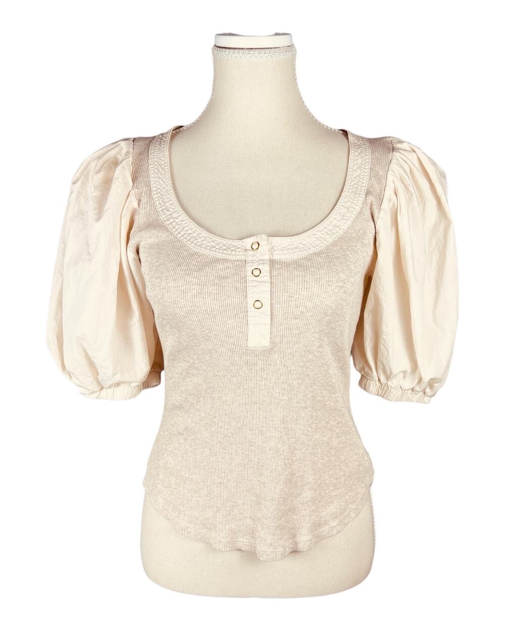 Ulla Johnson Janette Oatmeal Beige Cotton Ribbed Puff Short Sleeve Henley Top P